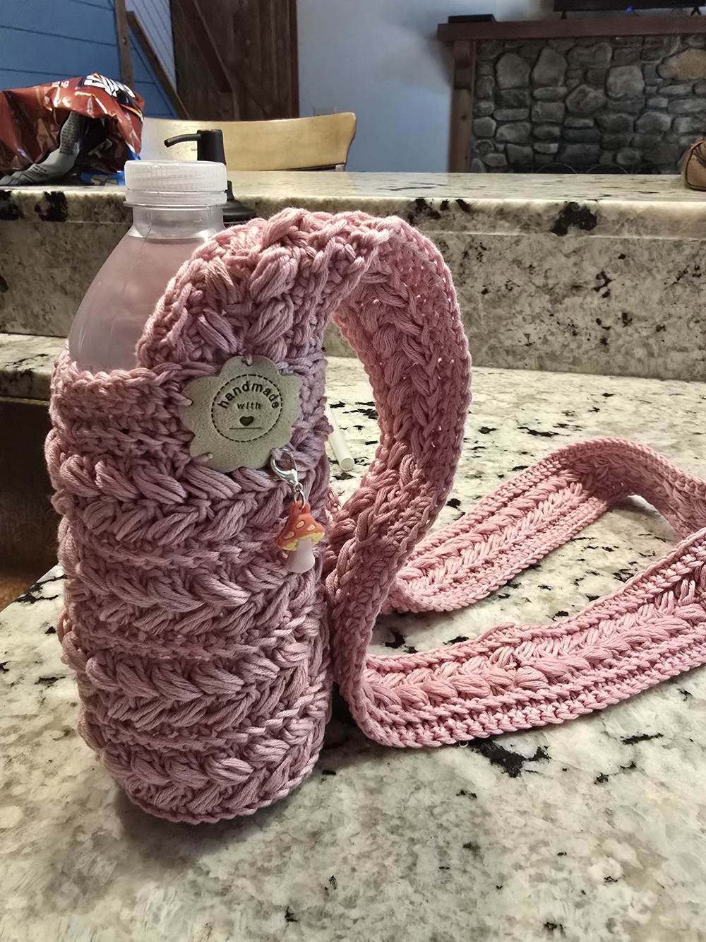 Handmade Rose Crochet Water Bottle Carrier with Cross Body Strap